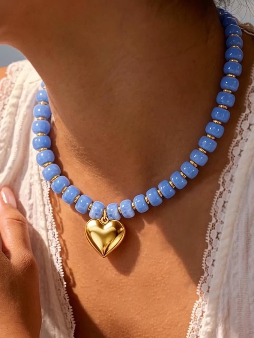 Anthropologie Gold Tone Heart Pendant Blue Bead Necklace - Women Jewelry - Picture 6 of 6